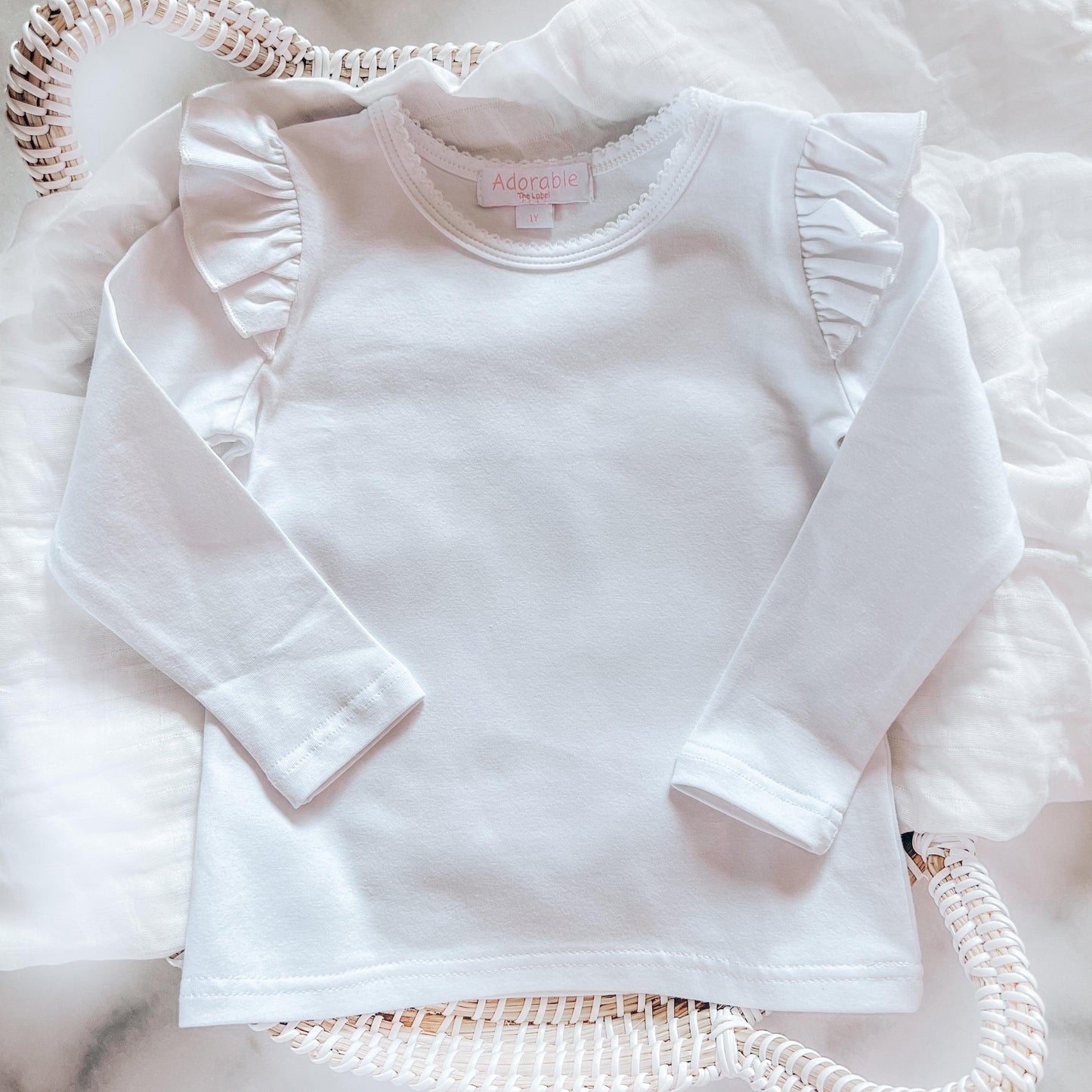 LONG SLEEVE FLUTTER TOP - ADORABLE WHITE - adorablethelabel