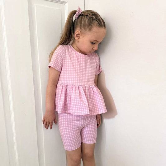 PINK GINGHAM - SHORT SLEEVE PEPLUM TOP